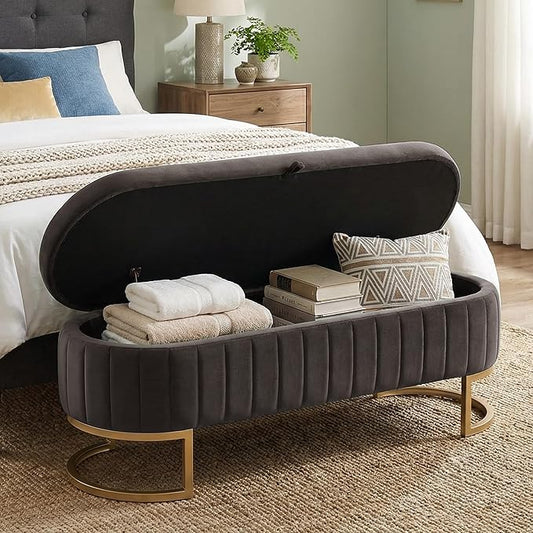 65 Inch Storage Ottoman Bench Velvet End of Bed Storage Bench King Size Upholstered Tufted Bench Large Space for Bedroom Living Room Entryway Dark Grey