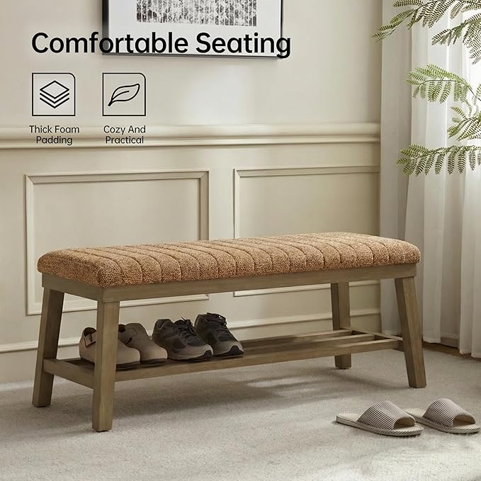 VKNOW Entryway Bench, 44.4" Upholstered Storage Shoe Bench for Entryway Bedroom, Shoe Rack Bench with Rubberwood Legs, Modern End of Bed Bench for Living Room and Hallway, Orange