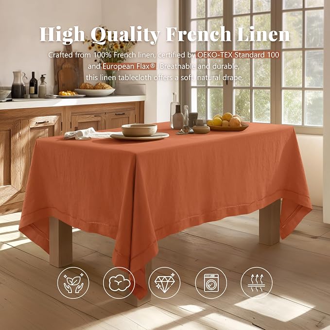 Linen World Fall Linen Tablecloth 55" x 55" Inch,French Linen Washable Rectangular Table Cloth for Dining,Outdoor, Weddings and Restaurants,Decorative Thanksgiving Christmas,Caramel Hemstitch