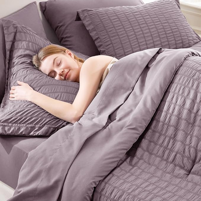 CozyLux Twin XL Comforter Set with Sheets Seersucker Dusty Purple 5 Pieces Bed in a Bag, Grayish Purple Twin Extra Long Bedding Sets College Dorm Down Alternative Comforter, Sheets, Pillowcase & Sham