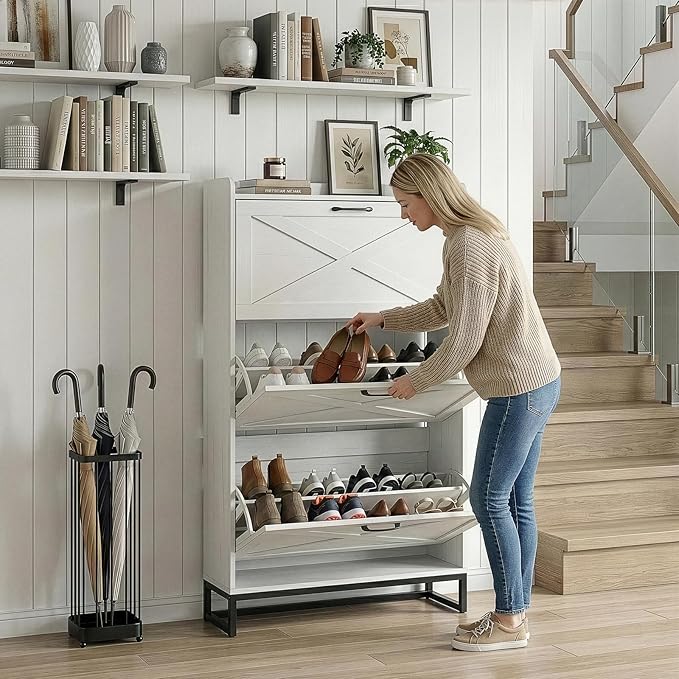 VINGLI Tall Farmhouse Shoe Cabinet with 3 Flip Drawers, Slim Entryway Shoe Storage Organizer with Metal Legs, Narrow Free Standing Wood Shoe Rack for 24 Pairs, Washed White (55" H)
