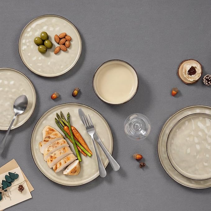 E-far 24-Piece Plates and Bowls Sets with Pasta Bowls - Stoneware Dinnerware Set for 6, Modern Ribbed Dishes, Microwave & Dishwasher Safe, Sandy Khaki