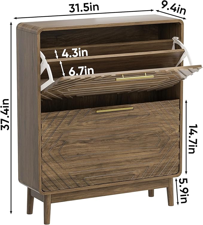 Spaco Walnut Shoe Cabinet for Entryway,Narrow Shoe Storage Cabinet with 2 Flip Drawers,Slim Shoe Rack Organizer for Hallway