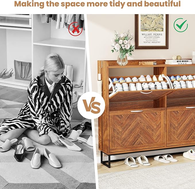 47.2" Shoe Cabinet Storage for Entryway, Narrow Wood Shoe Organizer with 4 Flip Drawers & Adjustable Shelves,Freestanding Hidden Shoe Storage Organizer with Hooks for Entryway, Foyer, Hallway, Walnut