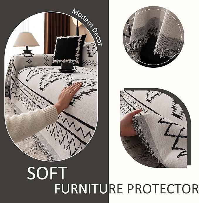 VClife Boho Aztec Couch Cover Extra Large Couch Cover for 3-4 Seat Sofa, Western White Slipcover Cover with Black Tribal Pattern, Soft Thick Chenille Furniture Sofa Covers wit Tassel, White, 71"X150"