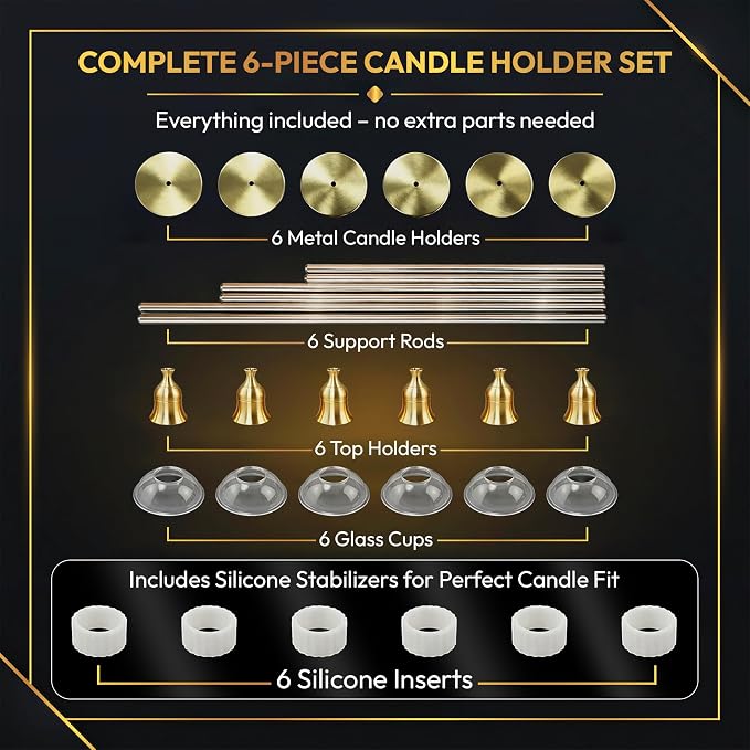 Gold Candlestick Holders Set of 6 with Glass Cups & Silicone Inserts, Tall Metal Taper Candle Holders for Table Centerpiece, Weddings, Romantic Dinners, Events & Modern Home Décor