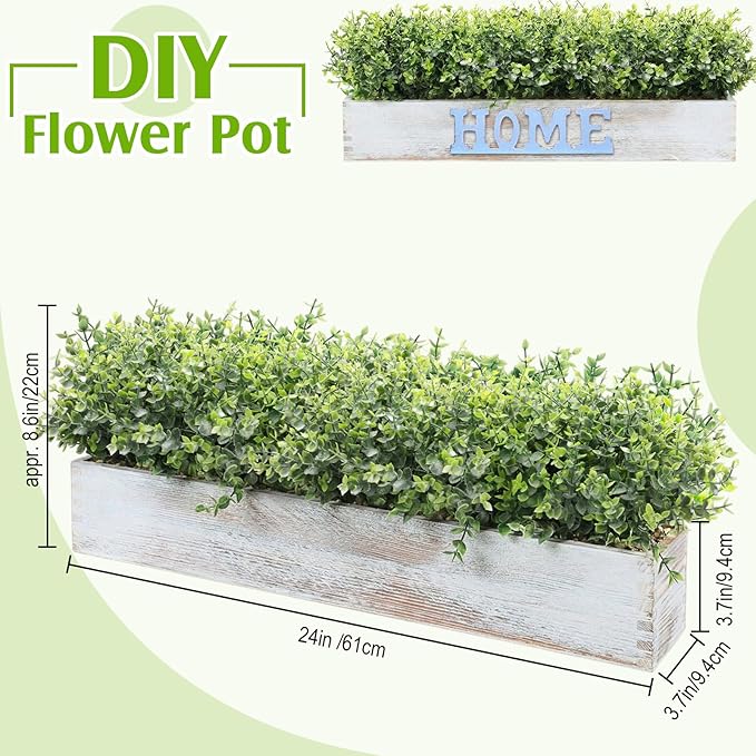 Lyrow 2 Pack Artificial Eucalyptus Plant in Rustic Rectangular Wooden Planter Box Greenery Faux Potted Herb Plant for Indoor Wedding Table Centerpiece(Green,24 x 3.7 x 3.7 Inches,Classic Style)