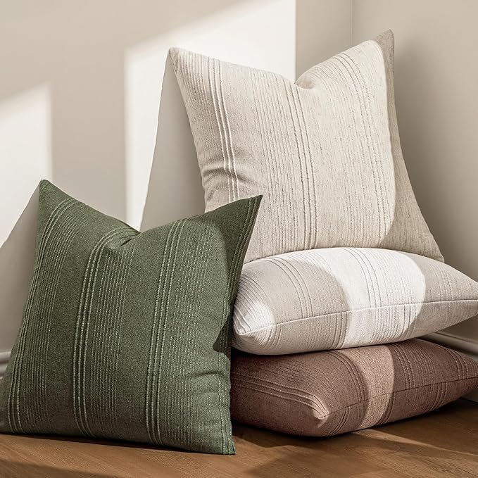 MIULEE Striped Euro Sham Pillow Covers 24x24 Decorative Textured Throw Pillow Covers Pack of 2 Linen Cushion Cases for Couch Bed Sofa Livingroom Farmhouse Home Decor, Beige