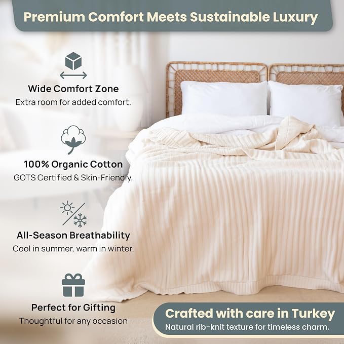 100% Organic Cotton Knit Blanket Denise -Soft and Lightweight, Breathable All-Season Throw for Bed, Sofa, or Lounge Area -GOTS Certified-Perfect for Home and Bedroom Styling (Earth Ivory, 50x60)