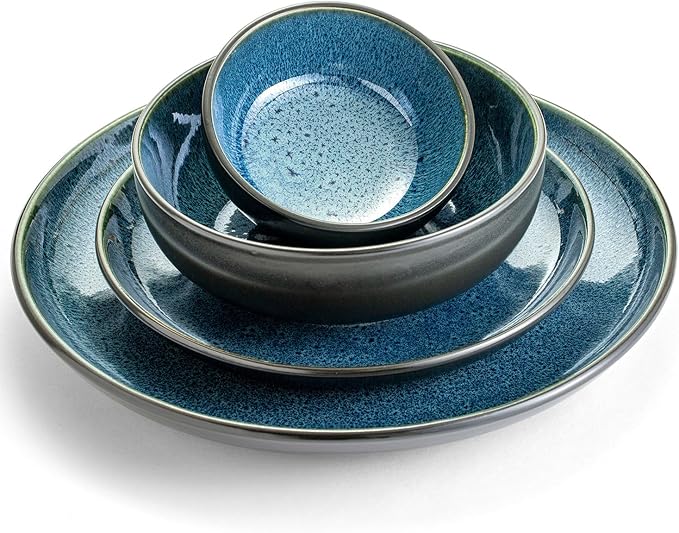 Sango 16-Piece Stoneware Dinnerware Set for 4, Glossy Black/Blue Big Dinner Plates and Bowls Sets with Reactive Glaze, Ceramic Dish Set, Modern Beautiful Dishes, Microwave & Dishwasher Safe, Resona