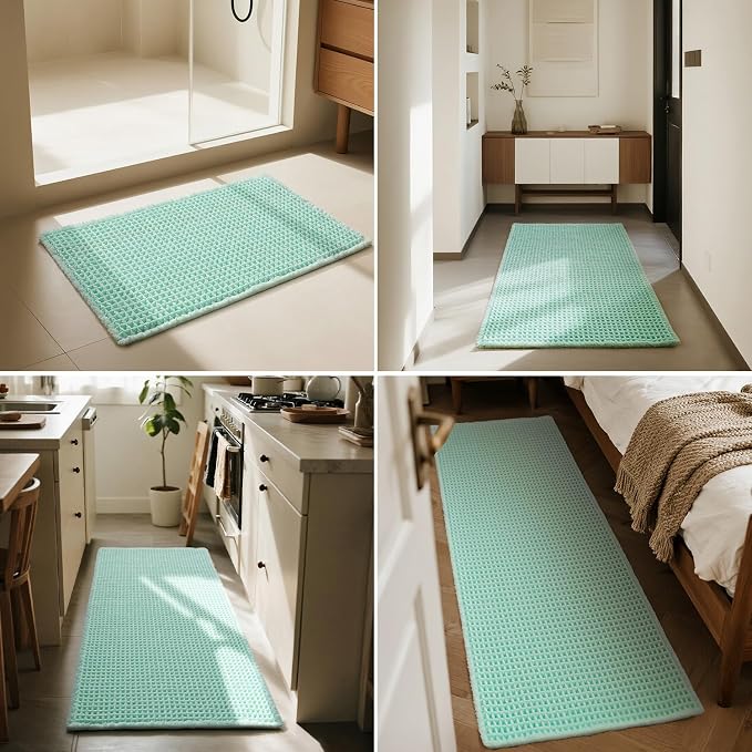 Triohero Waffle Bath Mat, Boho Bathroom Rugs Non Slip Washable, Ultra Soft Super Absorbent Quick Dry Farmhouse Bathroom Decor, 20" x 30", Sea Foam Blue