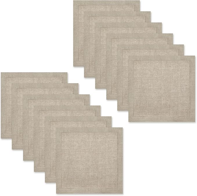 Genuine Linen Napkins - Set of 12 Cloth Napkins with Hemstitch Detail - Hand Crafted Pure Luxury Linen Reusable Lunch Dinner Napkin - Fall Summer Holiday Table - Large 18x18 Natural - COTTON CRAFT