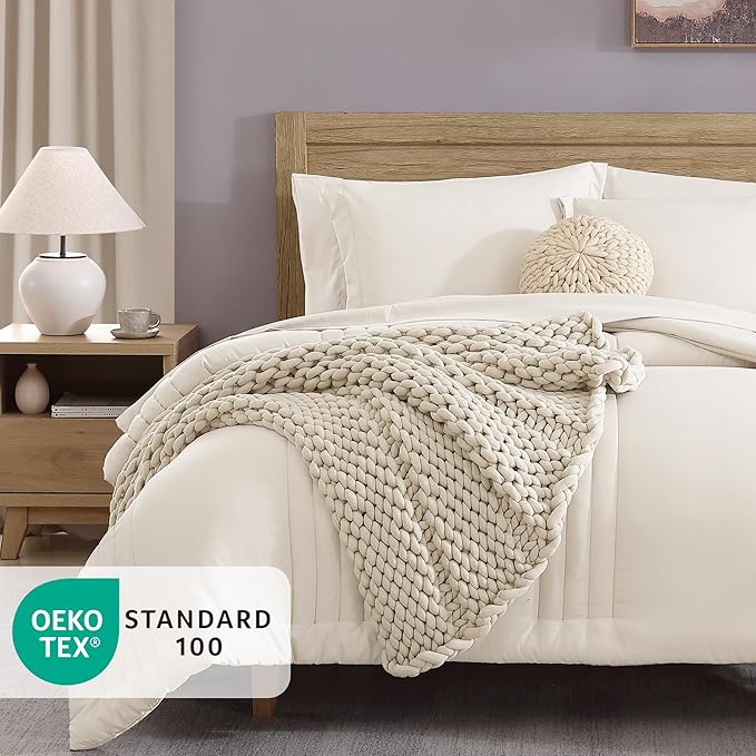 Monbix Full Size Comforter Sets - 7 Pieces White Bed in a Bag Full Size Bedding Sets with Comforters, All Seasons Comforter with Sheets,Pillowcases & Shams