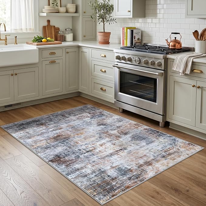 IOHOUZE Abstract Area Rug 4x5 Ft Washable Rugs for Entryway Indoor, Non Slip Small Living Room Rugs Printed Faux Wool Throw Rug, Floor Carpet for Kitchen Nursery Playroom, Orange Grey