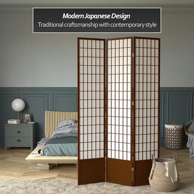 Red Lantern 7 ft. Tall Window Pane Shoji Screen - Walnut - 3 Panels