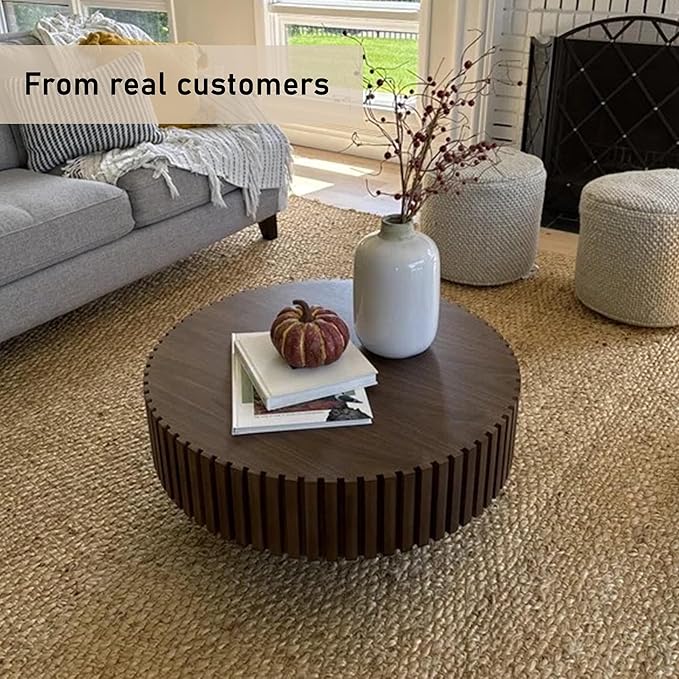 Round Coffee Table, 39.37" Coffee Table, Wood Coffee Table for Living Room, Handcrafted Relief Carving, Easy Assembly, Walnut