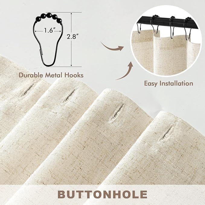 MIULEE Extra Long Linen Shower Curtain 90 Inches with 12 Metal Hooks Boho Farmhouse Heavy Buttonhole Fabric Shower Curtain Set Waterproof Thick Cloth Neutral Curtains for Bathroom W72*L90, Natural