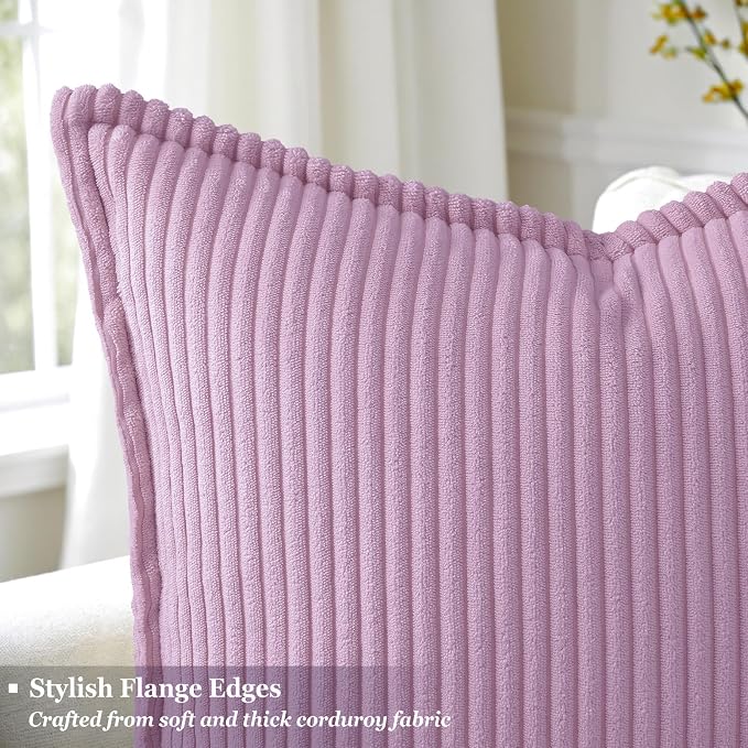 decorUhome Summer Corduroy Lilac Euro Sham Throw Pillow Covers 26x26 Set of 2 Decorative Soft Boho Farmhouse Couch Pillow Covers for Living Room Bed Sofa Broadside Striped Pillow Cases