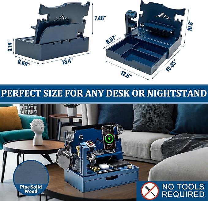 Nightstand Organizer for Men with Large Drawer, Wood Phone Docking Station for Phone, Apple Watch, Wallet & Keys, Ideal Birthday Gift for Father Husband, Bedside Desk Organizer (Blue)