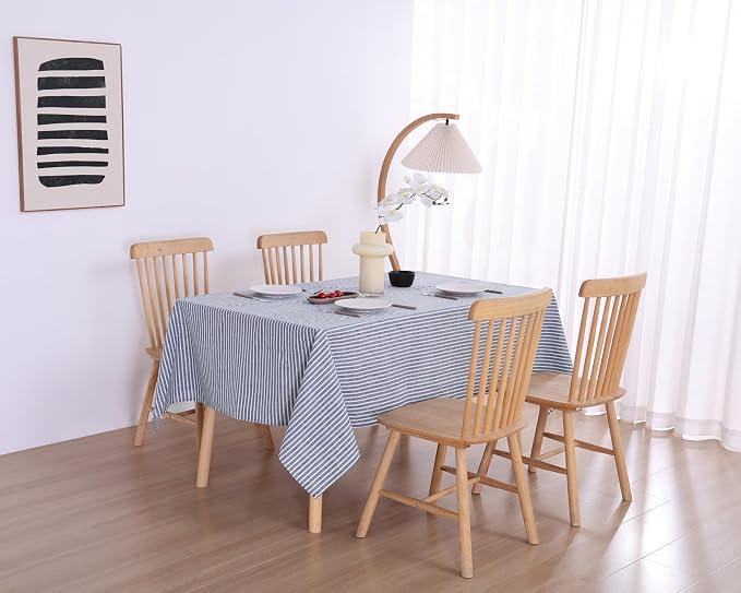 100% French Flax Linen Tablecloths Rectangle 132Lx60W Inch for Dinners, Parties, Easter, Halloween, Camping, Stone Washed, Textured, Machine Washable, 12-14 Sets (60''x132'', Blue Stripe)