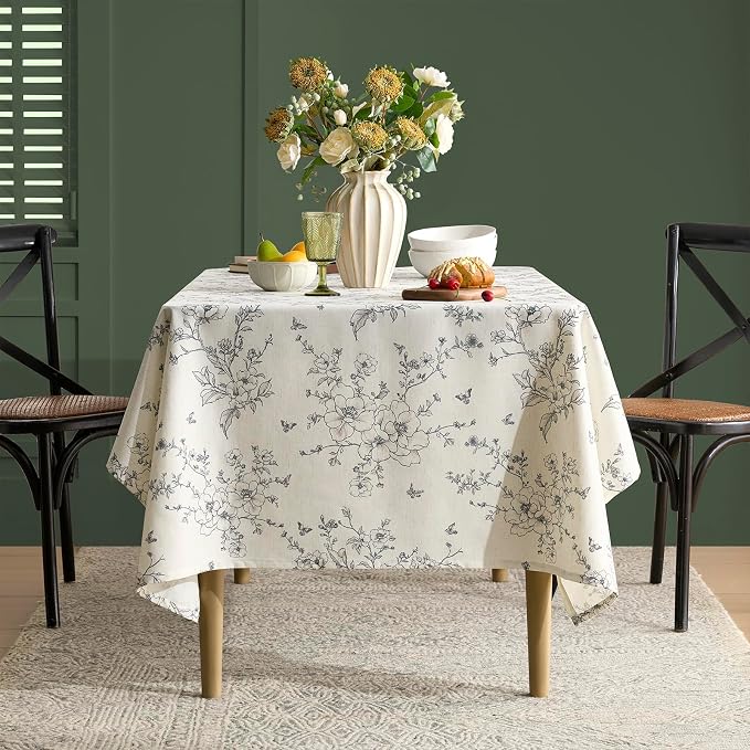 Floral Square Tablecloth 55x55 Inch Linen Table Cloth with Black Flowers Pattern Burlap Textured Farmhouse French Rustic Vintage Outdoor Table Cover for Picnic,Dining,Party,Home Decor