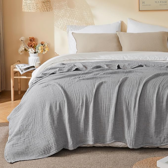 EMME Cotton Muslin Queen Blanket Bed Layering Bedspread Coverlet Breathable Gauze Soft Lightweight Blankets (Heather Grey, 90"x90")