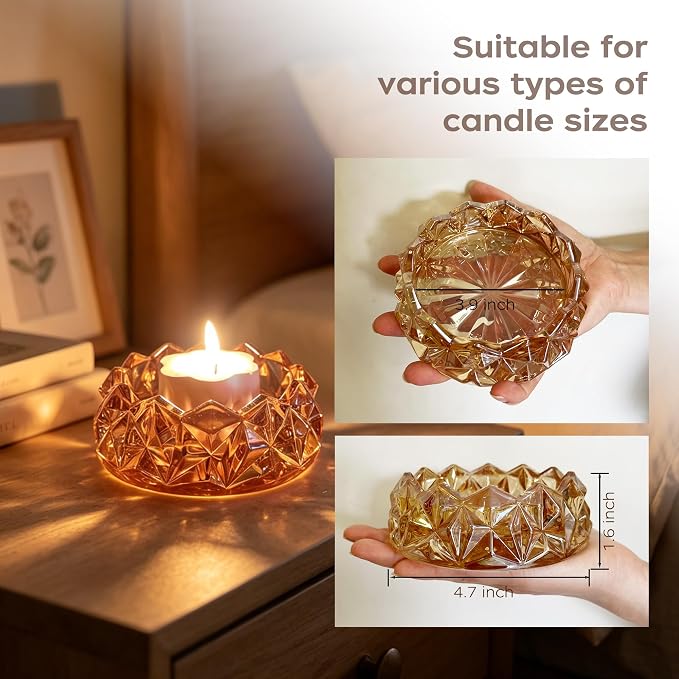 Diamond Glass Candle Holder, Clear Glass Candle Dish for Home Decor, Decorative Modern Candle Tray for Small Candles & Diffusers (Amber)