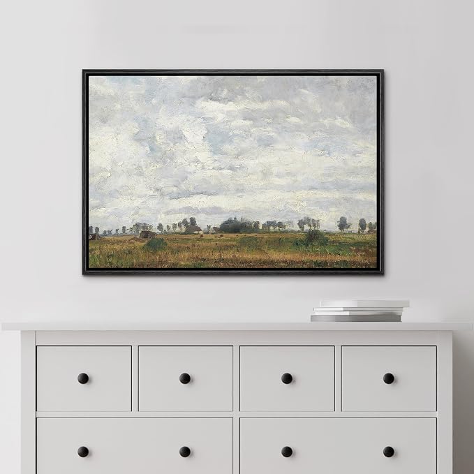 MUDECOR Framed Canvas Print Wall Art Classic Impressionist Sky & Landscape Vintage Cloud Illustrations Digital Art Decorative Bohemian Contemporary for Bedroom - 24"x36" Black