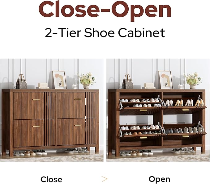 Shoe Storage Cabinet for Entryway with 4 Flip Drawers, 47.24" Narrow Fluted Shoe Organizer Cabinet, Slim Wooden Shoe Rack Cabinet, Freestanding Hidden Shoe Cabinet for Hallway, Entrance (Walnut)