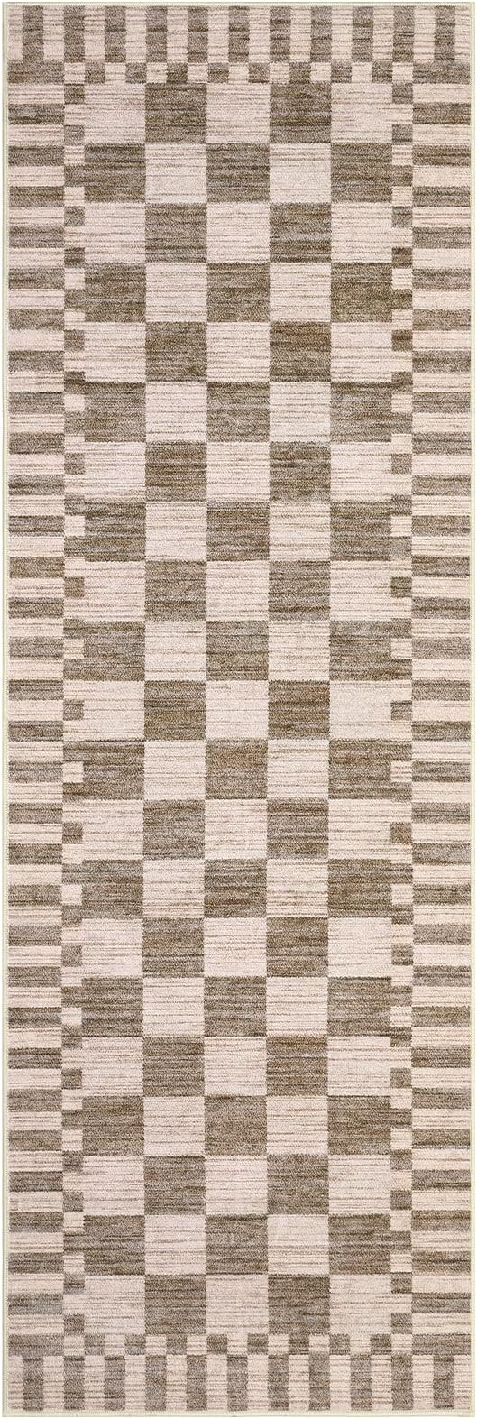 GarveeHome 2×8 Kitchen Runner Rug Non Slip,Brown Checkered Rug,Washable Runner Rug for Hallway Soft Low-Pile Geometric Checkerboard Rugs for Entryway Kitchen Dining Room