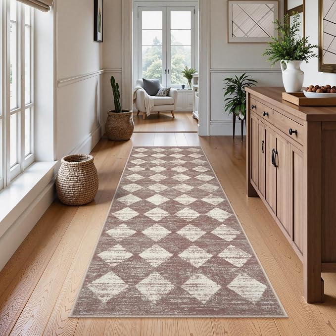 Lahome Zelie Moroccan Treills 2x8 Washable Hallway Runner Rug, Non Slip Bathroom Kitchen Carpet Runners, Checkered Modern Soft Runner for Entryway Living Room, Beige