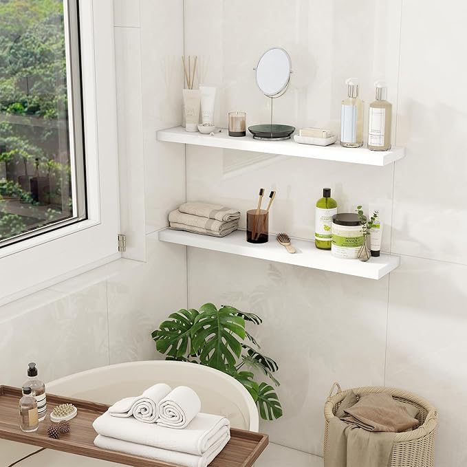 Fun Memories 32Inch Floating Shelves for Wall 2 Pack Wood Shelves for Kitchen, Bathroom, Bedroom Wall Mounted Rustic Wood Floating Shelf with Invisible Brackets for Books, Storage, Decor, White