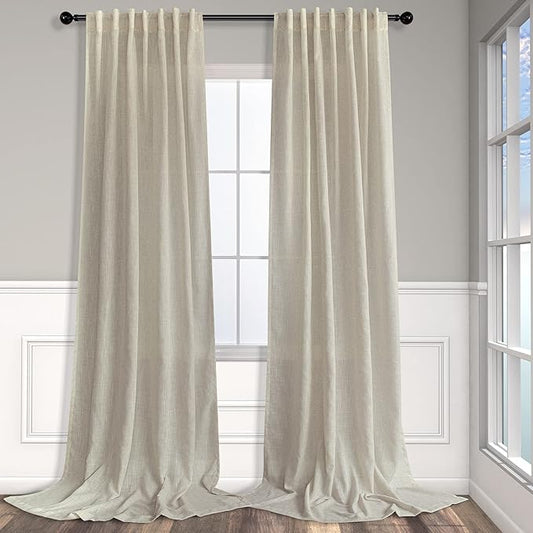Pitalk Beige Curtains 86 Inches Long for Living Room 2 Panel Set Back Tab Light Filtering Privacy Semi Sheer Flax Linen Pleat Curtains Rustic Farmhouse Boho Decor Cotton Textured Gauze Drapes 52 x 86