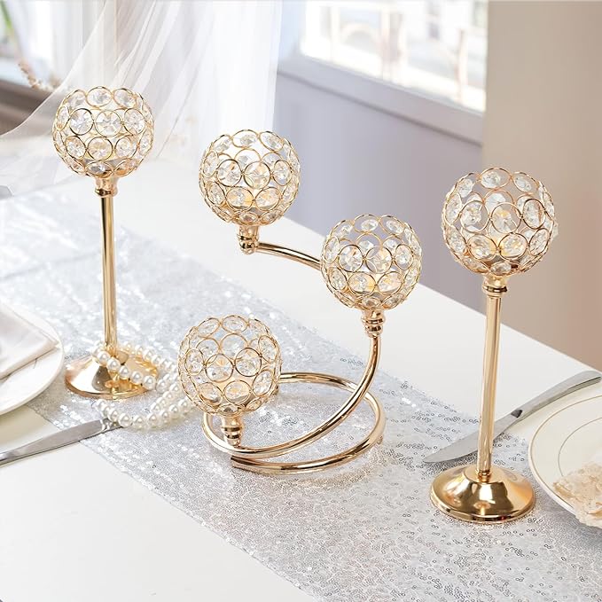 Gold Metal Crystal Candle Holder Set of 3 - Elegant 5-Arm Metal Tea Light Centerpiece with Shining Crystal Bowl, Wedding Anniversary Table Decor for Dining, Party
