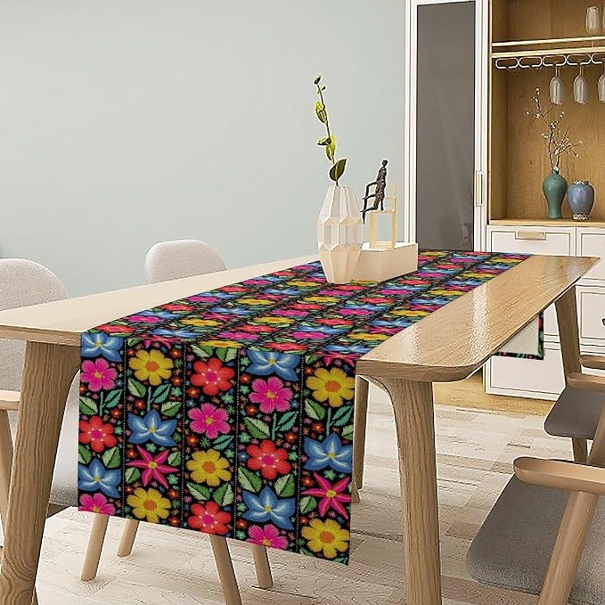YCness Ethnic Mexican Table Runer, Mexican Flower Traditional Pattern Ornate Folk Graphic Spring Table Runner for Party Living Room Dining Home Table Decor, 13x120 Inch
