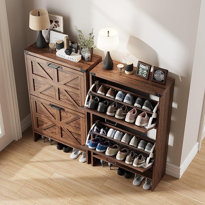 Halitaa Shoe Storage Cabinet for Entryway,Farmhouse Slim Shoe Cabinet with 2 Flip Drawers,Narrow Freestanding Organizer Storage Rack for Entrance,Hallyway,Dark Walnut