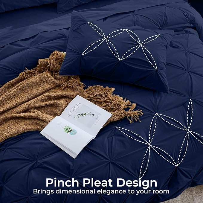Sasttie King Size Comforter Set, 7-Piece Bed in a Bag, Pintuck Bedding Sets for All Season, Includes Comforter, Flat Sheet, Fitted Sheet, Pillowcases and Pillowshams, Navy