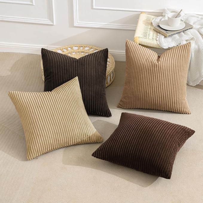 MIULEE Boho Farmhouse Throw Pillow Covers 18x18 Inch Set of 4 Rustic Mordern Neutral Cushion Covers Soft Corduroy Nordic Home Decor for Couch Bed Sofa Living Room Dark Brown