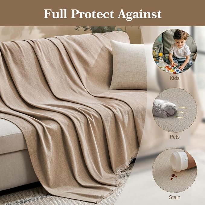 Couch Cover for Dogs Sectional Sofa Covers Washable for 2 Cushion Couch, Chenille Couch Cover Blanket, Sectional Sofa Slipcovers, Multi-Use Furniture Protector for Kids, Pets, 71" X134", Sand