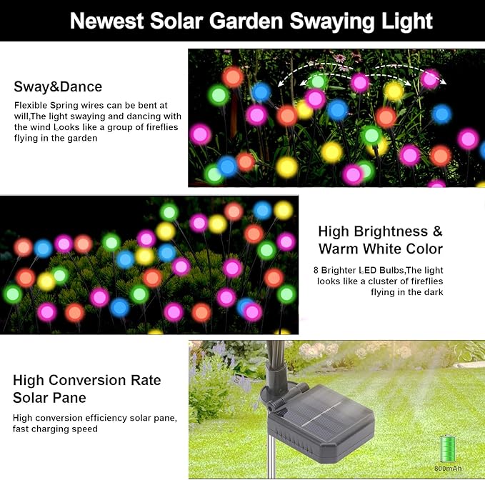 Solar Firefly Lights Multicolor, 6 Pack 800mAh Swaying Firefly Garden Lights Solar Powered Outdoor Waterproof Color Changing for Outside Yard Patio Lawn Pathway Walkway Stake Christmas Decor