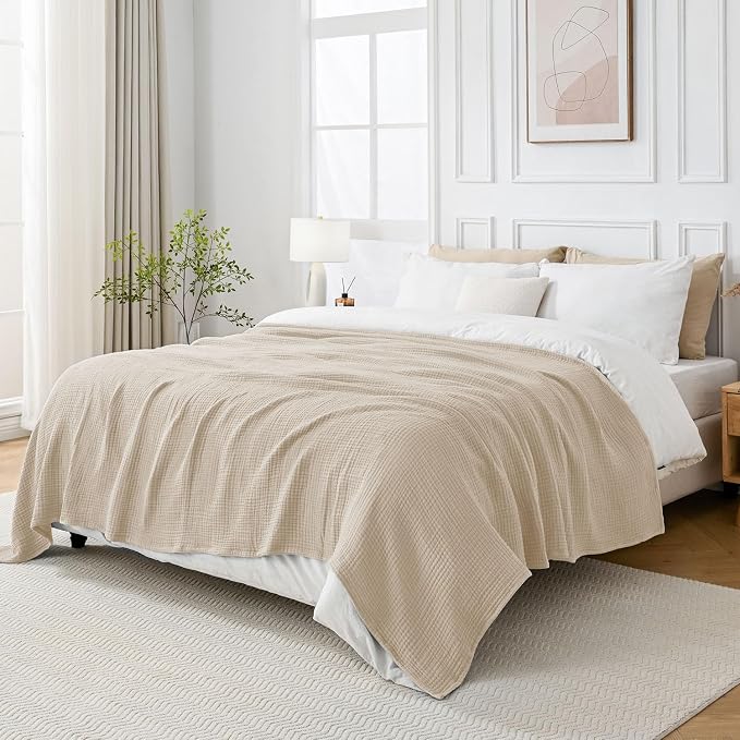 Esterra Muslin Blanket Twin Size Cozy Soft Lightweight Pre-Washed Cotton Blanket, All Season Breathable 4-Layer Gauze Blanket Throw for Couch Bed, Neutral, 66x90 Inches