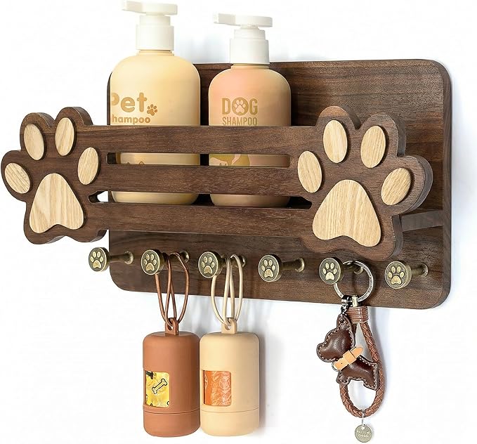 MTERSN Acacia Wood Dog Leash Holder for Wall - Fun Paw Key Holder Wall Mount with Floating Shelf and 6 Hooks- Retro Mail & Dog Accessories Organizer for Room Decor(Dark Acacia Wood)
