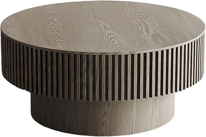 31.5" Storage Coffee Table Round Modern Coffee Table for Living Room, Circle Wood Center Tea Table Drum Accent End Table, with Hidden Space & Sturdy Base & Minimalist Fluted Side, Grey