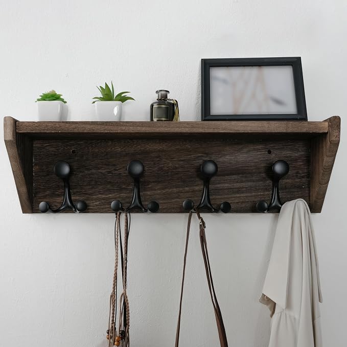 WEBI Wall Shelf with Hooks Underneath,24" Long Wall Mounted Coat Rack with Shelf,Entryway Coat Rack with 4 Triple Hooks for Hanging Coats,Jacket,Hallway,Bedroom,Mudroom,Weathered Brown