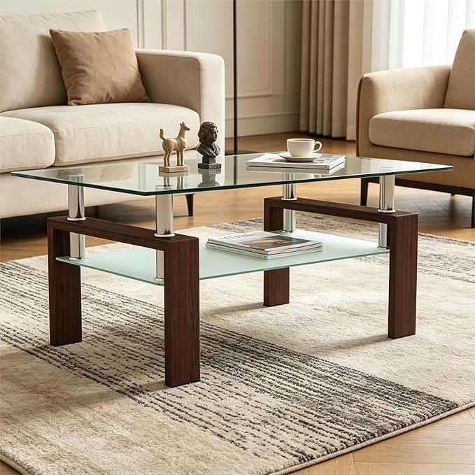 Meihua Rectangle Glass Coffee Table for Living Room, Modern Center Table Metal Tube Legs for Home Office, Brown