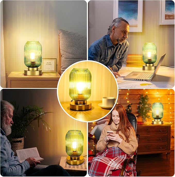 Mid Century Modern Table Lamp, Touch Control & 3 Way Dimmable, Green Ribbed Glass Shade, Small Gold, Vintage Bedside Lamp for Bedroom, Living Room,Office (Bulb Included)
