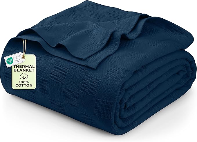 Utopia Bedding 100% Cotton Thermal Blanket Navy King Size Soft, Lightweight, Breathable, Cozy Spring and Summer Blankets for Bed, Home Room Decor Gifts for Women and Men (90x108 Inches)