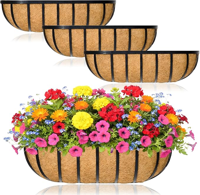 Window Box Railing Planter with Coco Liner 4 Pack 16 Inch Metal Hanging Flower Planter Deck Railing Planters Boxes for Balcony Outdoor Plants Fence Porch Patio