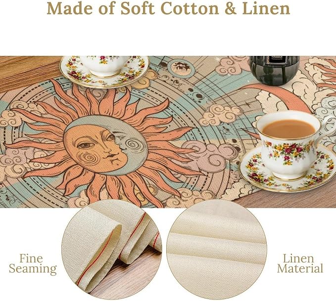 Bohemian Moon Sun Table Runner, Retro Boho Funny Sun Moon Clouds Design Table Runner for Kitchen Dining Party Decor, 13x108 Inch