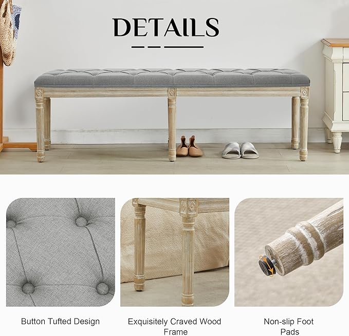 LOULENS 57.7" Linen Fabric End of Bed Bench, French Upholstered Button Tufted Bench for Bedroom End of Bed, Window Seat with Carved Wood Legs for Bedroom, Living Room, Entryway, Light Grey